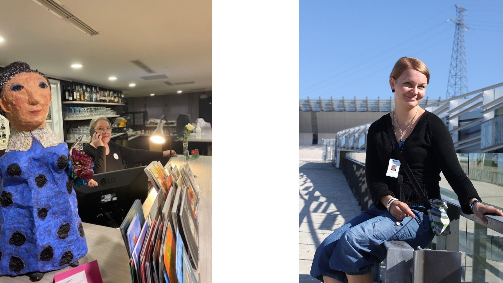 Kuvassa Anneli Williams vastaanottotiskin takana ja Annika Utriainen ulkona Merikeskus Vellamon edustalla.