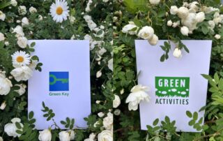 Green Key kansi ja Green Activities kansi juhannusruusujen keskellä.