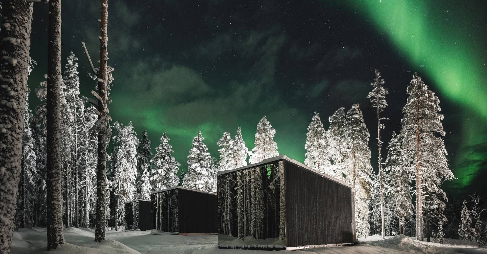Talvinen metsä, vihreitä revontulia pimeällä taivaalla. Kolme majoitusyksikköä, joiden yhdellä seinustalla täyslasiset seinät.