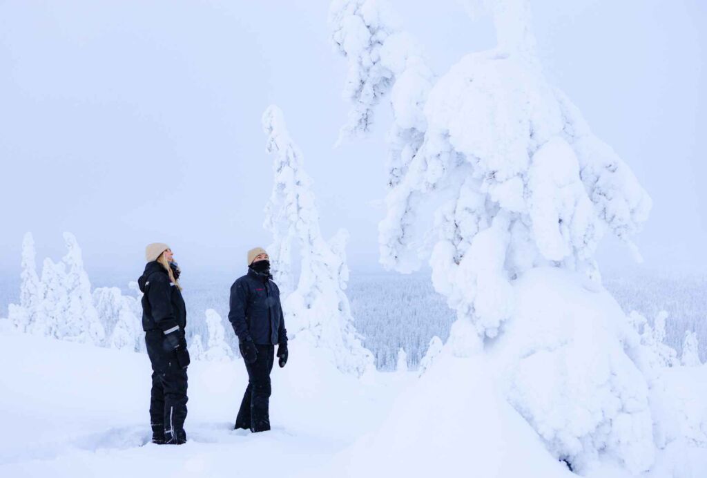 Talvinen tykkymaisema. Lumen keskellä seisoo kaksi hahmoa paksuissa toppavaatteissa. Hahmot ihailevat tykkylumen peittämää puuta. 